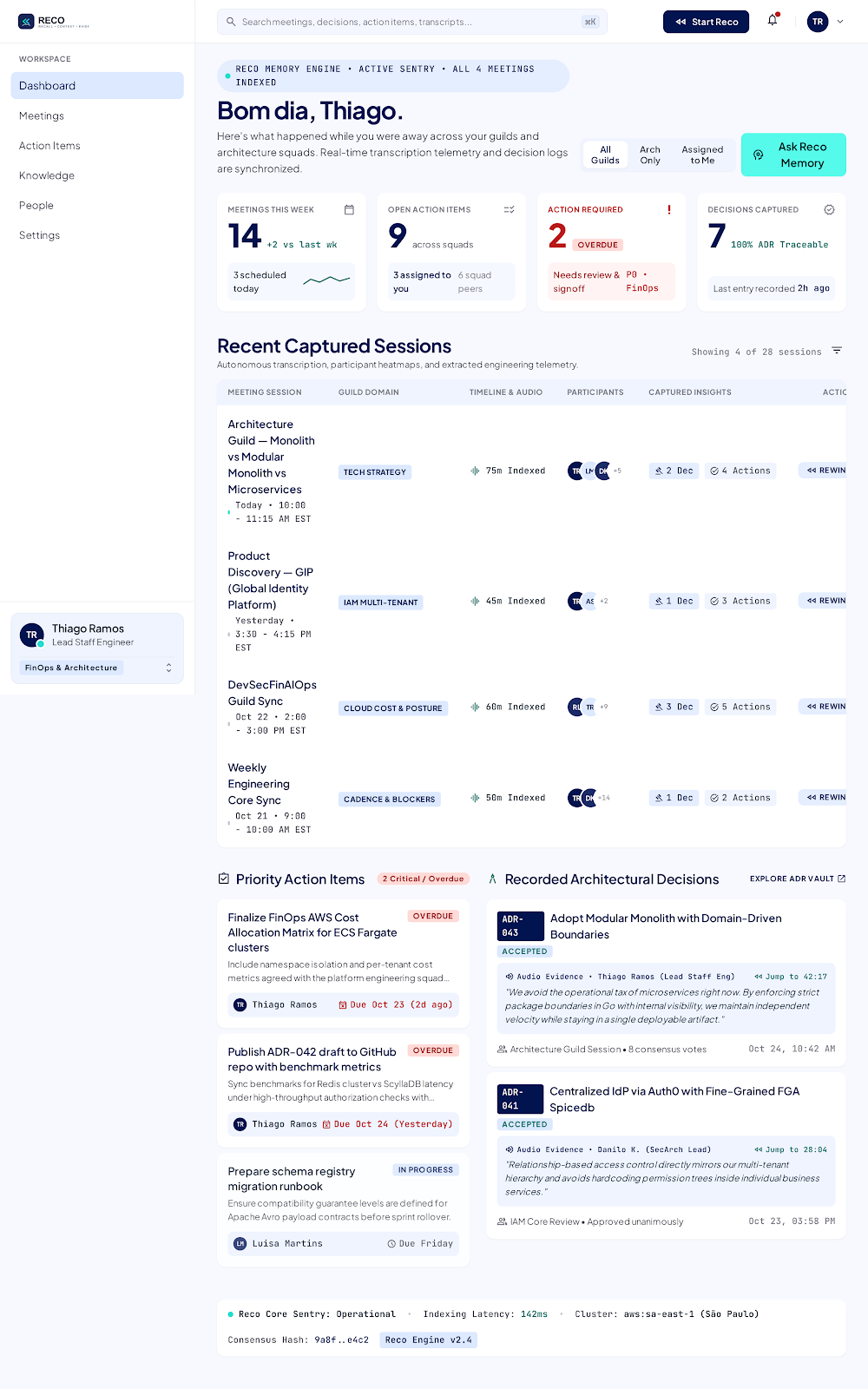 Dashboard do Reco com sessões capturadas, itens de ação e decisões arquiteturais
